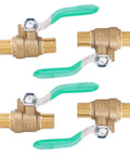 Straight Shooter 1/4 Inch Brass Ball Valve Four Pack With Dead Simple Shut Off For Hot And Cold Water Plumbing Setup featuring green handles.