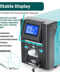 Pro Grade Hot Air Rework Station With Tiltable Display For Micro Soldering And SMD Repair, front view showcasing controls and dimensions.
