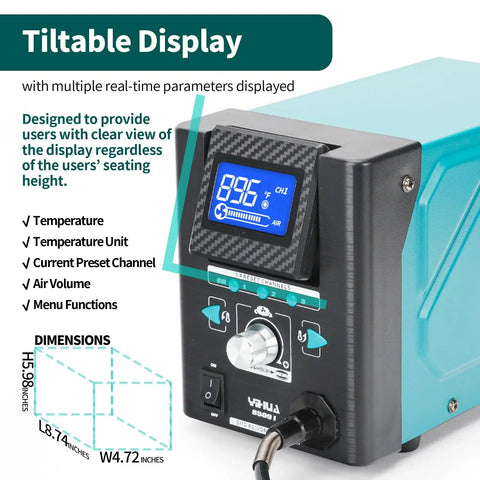 Pro Grade Hot Air Rework Station With Tiltable Display For Micro Soldering And SMD Repair, front view showcasing controls and dimensions.
