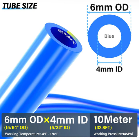 Diagram of Blue 6mm OD Polyurethane Air Tubing Kit 10 Meter 32.8ft with 4mm ID and temperature and pressure specifications