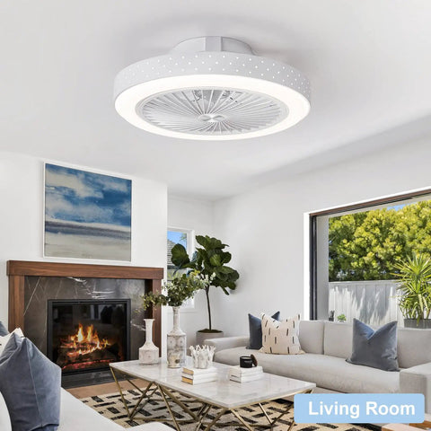 Low Profile Flush Mount Ceiling Fan With Lights Remote Control 6 Speeds Dimmable LED in modern living room setting