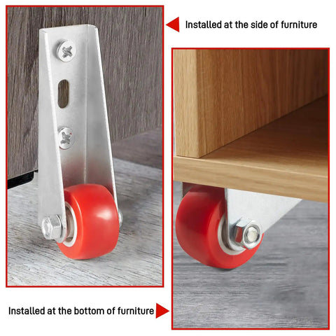 Pro Build 0.9 Inch Red Rubber Caster Wheels 2 Pack Swivel Furniture Casters installed on sides and bottoms of furniture.