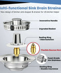 Three In One Kitchen Sink Drain Strainer Stopper Basket With Odor Filter And Anti Clog Tech for US Standard Three And A Half Inch Drain Stainless Steel Silver 1 Pack No Fuss No Mess, multi-functional design details.
