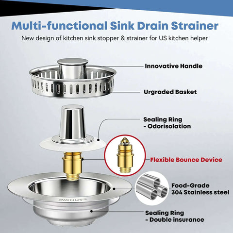 Three In One Kitchen Sink Drain Strainer Stopper Basket With Odor Filter And Anti Clog Tech for US Standard Three And A Half Inch Drain Stainless Steel Silver 1 Pack No Fuss No Mess, multi-functional design details.