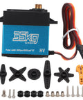 Beefed Up 35Kg Coreless Digital Servo With Fully Waterproof Housing And Heavy Duty Stainless Gears For 1/8 1/10 1/12 Scale RC Cars And Trucks Quick Response, with accessories and connectors.