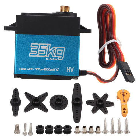 Beefed Up 35Kg Coreless Digital Servo With Fully Waterproof Housing And Heavy Duty Stainless Gears For 1/8 1/10 1/12 Scale RC Cars And Trucks Quick Response, with accessories and connectors.