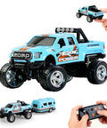 Mini RC Truck 1/64 Scale Alloy Monster Truck With Lights, 2.4GHz Remote Control Car, Includes Trailer, blue color with controller