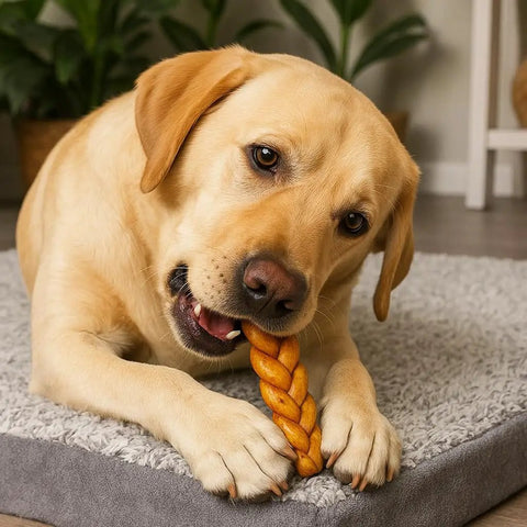 Dog chewing a braided beefhide dog chew with peanut butter flavor, 7 inch long, suitable for medium dogs, USA made.