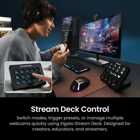User engaged with Elgato Stream Deck, managing multiple webcams with 4K PTZ Webcam for PC and Mac.