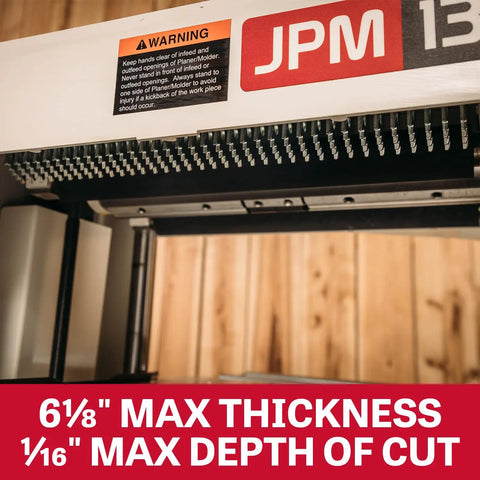 Close-up of warning label and maximum settings on Heavy Duty 13 Inch Planer And Molder Combo For Woodworking.