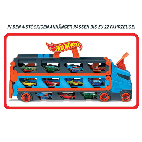 Speedway Hauler Storage Carrier With Three 1 To 64 Scale Cars And Convertible Six Foot Drag Race Track For Kids Four To Eight Stores 20 Plus Cars