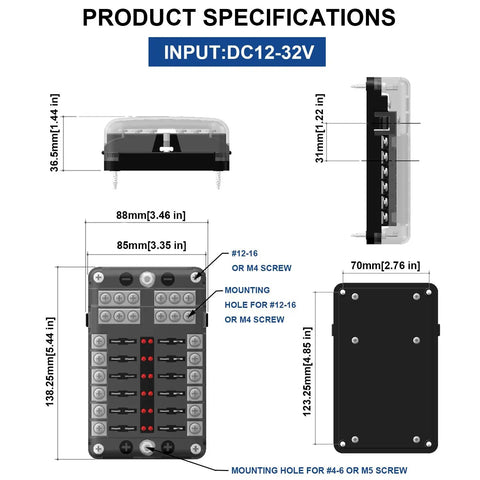 12 Way Blade Fuse Box Holder With LED Indicator And Protective Cover specifications, featuring dimensions and material details.