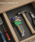 Top Shelf 3-Piece Hex Key Wrench Set Made From Tough Cr-V Steel Includes Color-Coded Handles For Fast Furniture Assembly And Quick Repair Jobs On Any Project You Got., 3-piece color-coded Cr-V steel hex keys in drawer for furniture assembly