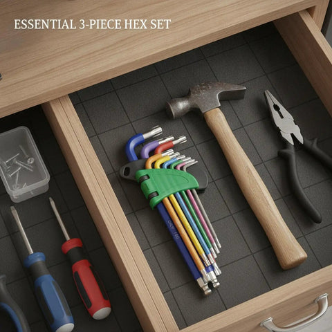 Top Shelf 3-Piece Hex Key Wrench Set Made From Tough Cr-V Steel Includes Color-Coded Handles For Fast Furniture Assembly And Quick Repair Jobs On Any Project You Got., 3-piece color-coded Cr-V steel hex keys in drawer for furniture assembly