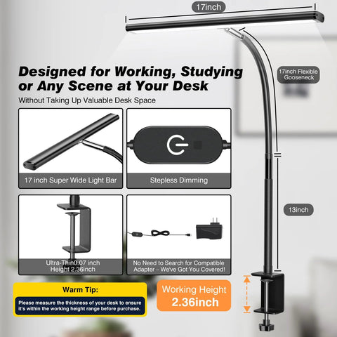Airlonv LED desk lamp with clamp, black finish, 17-inch flexible gooseneck, stepless dimming