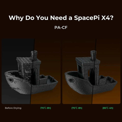 Comparison of 3D prints before and after drying with SpacePi X4, highlighting benefits of using Upgraded Filament Dryer For Four Spools