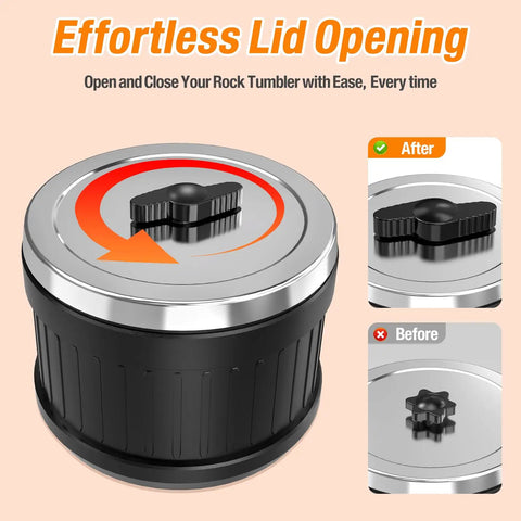 Effortless lid design of Large 2.5Lb Rotary Rock Tumbler Kit for Adults and Hobbyists with improved closure mechanism