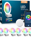 Six Inch LED Recessed Lighting Kit with RGB and Tunable White Dimmable Color Changing Downlights IC Rated ETL Certified 1200 Lumen Works with Alexa and Google Home Sync to Music 6 Pack shown with packaging and smartphone app.