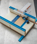 Crosscut Sled Kit For Table Saw With Blade Guard And Miter Track Stop Zero Clearance Support For Tiny Parts And Fine Cuts Pro Grade Accessory For Precise Short Pieces And Small Moldings shown on a silver table saw surface.