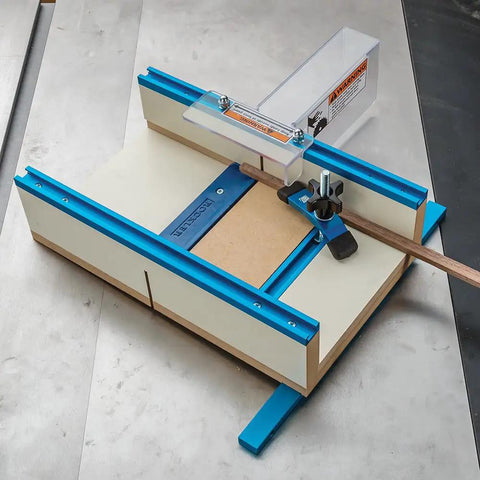 Crosscut Sled Kit For Table Saw With Blade Guard And Miter Track Stop Zero Clearance Support For Tiny Parts And Fine Cuts Pro Grade Accessory For Precise Short Pieces And Small Moldings shown on a silver table saw surface.