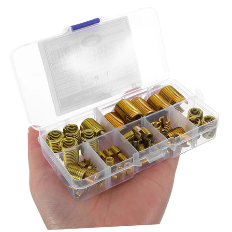 Assorted Carbon Steel Self Tapping Thread Inserts Kit For Quick Thread Repair Slotted Design Dope For Automotive Repairs 50 Pieces For Various Thread Sizes in plastic case