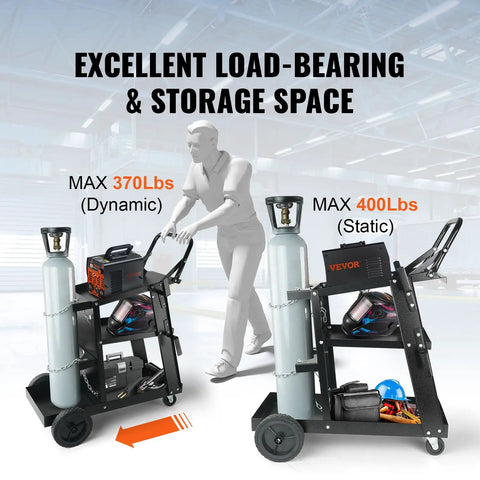 Heavy Duty 3 Tier Welding Cart With 360 Degree Swivel Wheels, Tank Storage And Safety Chains, 400 Lb Capacity shown in use