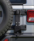 Rock Solid High Lift Jack Mount Bracket For Jeep Wrangler YJ TJ JK JL attached to rear, heavy duty black steel for secure off road use.