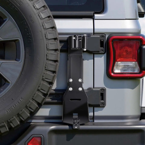 Rock Solid High Lift Jack Mount Bracket For Jeep Wrangler YJ TJ JK JL attached to rear, heavy duty black steel for secure off road use.