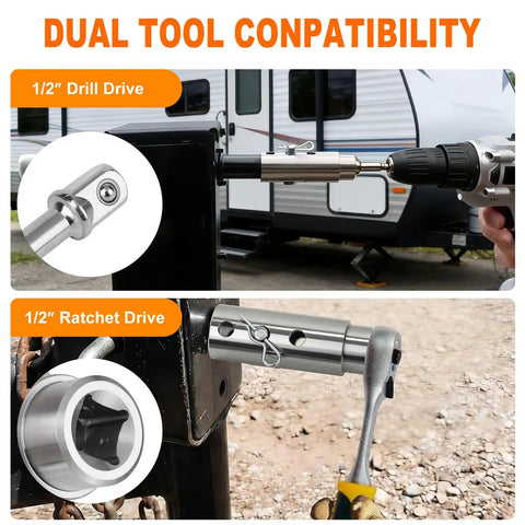 Heavy Duty Trailer Jack Drill Adapter Compatible With One Inch Drive Shaft Electric Crank Converter For RV And Camper showing dual tool compatibility.