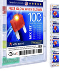 Seriously Cool Mini Blade Led Glow Automotive Fuses 100 Count Atc Ato Replacement Kit with assorted multi-colored fuses in clear case.