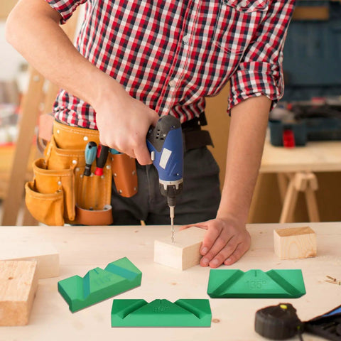 Rock Solid Drill Bit Sharpening Jig Kit Three Piece 3D Printed Bench Grinder Guide in use with a cordless drill on wood.