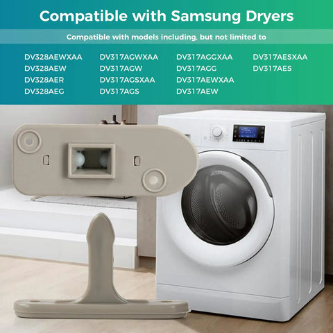 Dryer Door Strike And Catch Kit For Samsung Maytag Quick Latch Repair Set With DC66-00395A And DC97-07510B in front of dryer