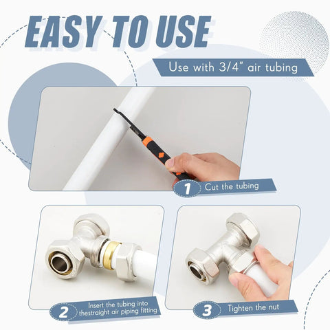 Instructions showing how to use Six Pack Three Quarter Inch Equal Air Piping Fittings Brass Nickel Plated For Shop Compressed Air Line