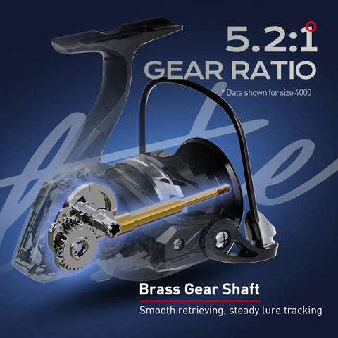 Diagram of Lite II Spinning Reel For Freshwater Fishing, Ultra Lightweight Graphite Body, showing 5.2 to 1 gear ratio with brass gear shaft.