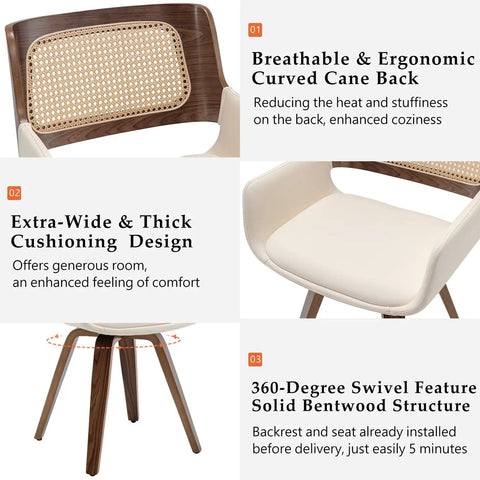 Set Of 2 Swivel Dining Chairs With Curved Arms, Ergonomic Cane Back, Bentwood Frame, close-up details showing design and features.