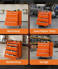 Heavy Duty Steel Rolling Tool Chest Bad Boy With Lockable Caster Wheels And Slick Ball Bearing Drawers Hella Tough Portable Storage Cabinet For Garage Workshop In Bright Orange in a workshop setting.