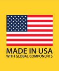 Made in USA badge with American flag and text on yellow background