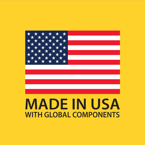 Made in USA badge with American flag and text on yellow background