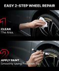 Snatch These Bold Anthracite And Dark Gray Rim Touch Up Paint Pens For Hella Quick Wheel Scratch Repair On Alloy Rigs With Super Slick Matte Finish Restoration Perfect For Daily Drivers Seeking Easy Auto Exterior Care Solutions Without Breaking The Bank, showing cleaning and applying steps for wheel repair.