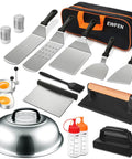Ultimate 18 Piece Griddle Gear Kit For Flat Top Grills with spatulas, press, basting cover, squeeze bottles, egg rings.