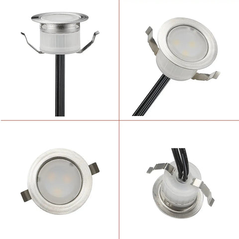 Low Voltage Blue LED Deck Lights Kit With 20 Waterproof Recessed Lamps, IP67 in-ground setup detail, 12V DC easy install.