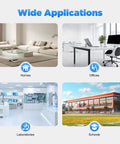 Four diverse scenes showing applications: living room, modern office, laboratory, and school building on a sunny day.