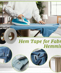 Person using iron on hemming tape 1 inch wide no sew adhesive for pants, clothing, and DIY crafts, 140 yards total black and white pack