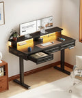Electric Standing Desk With Three Wooden Drawers, 48 Inch Wide Height Adjustable Sit Stand Desk With Built In Power Outlets And LED Lights for home office