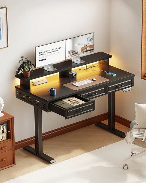 Electric Standing Desk With Three Wooden Drawers, 48 Inch Wide Height Adjustable Sit Stand Desk With Built In Power Outlets And LED Lights for home office
