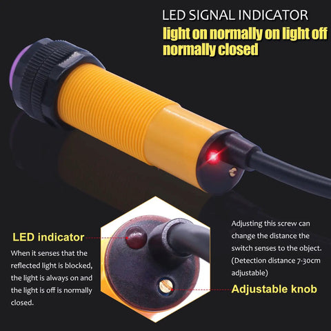 LED indicator and adjustable knob on Photoelectric Sensor Adjustable 30 Cm Sensing Range M18 Diffuse Reflection Proximity Switch Three Wire DC 6 To 36V PNP Normally Open Infrared Industrial Sensor