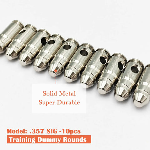 Steel Safety Practice Rounds For Dry Fire Training, Action Trainer Dummy Rounds For Pistol Caliber 357 SIG, aligned in a row.