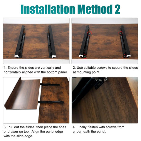 Installation steps for Heavy Duty Undermount Drawer Slide Bottom Mount Shelf Rail Kit on a wooden panel.