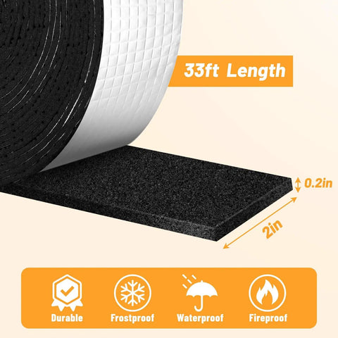Close-up of Pipe Insulation Foam Wrap Tape 2 Inch Wide 66 Foot Self Adhesive Foil Wrap with 33ft length label and thickness details.