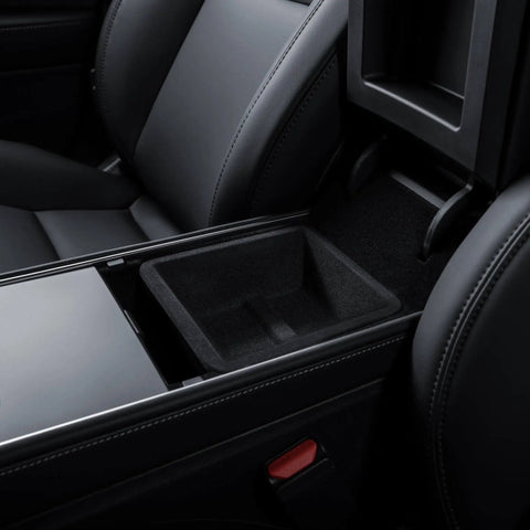 Tesla Model 3 Y Center Console Storage Trays Flocked Accessory Organizers Fit 2017 To 2023 in black with plush lining.